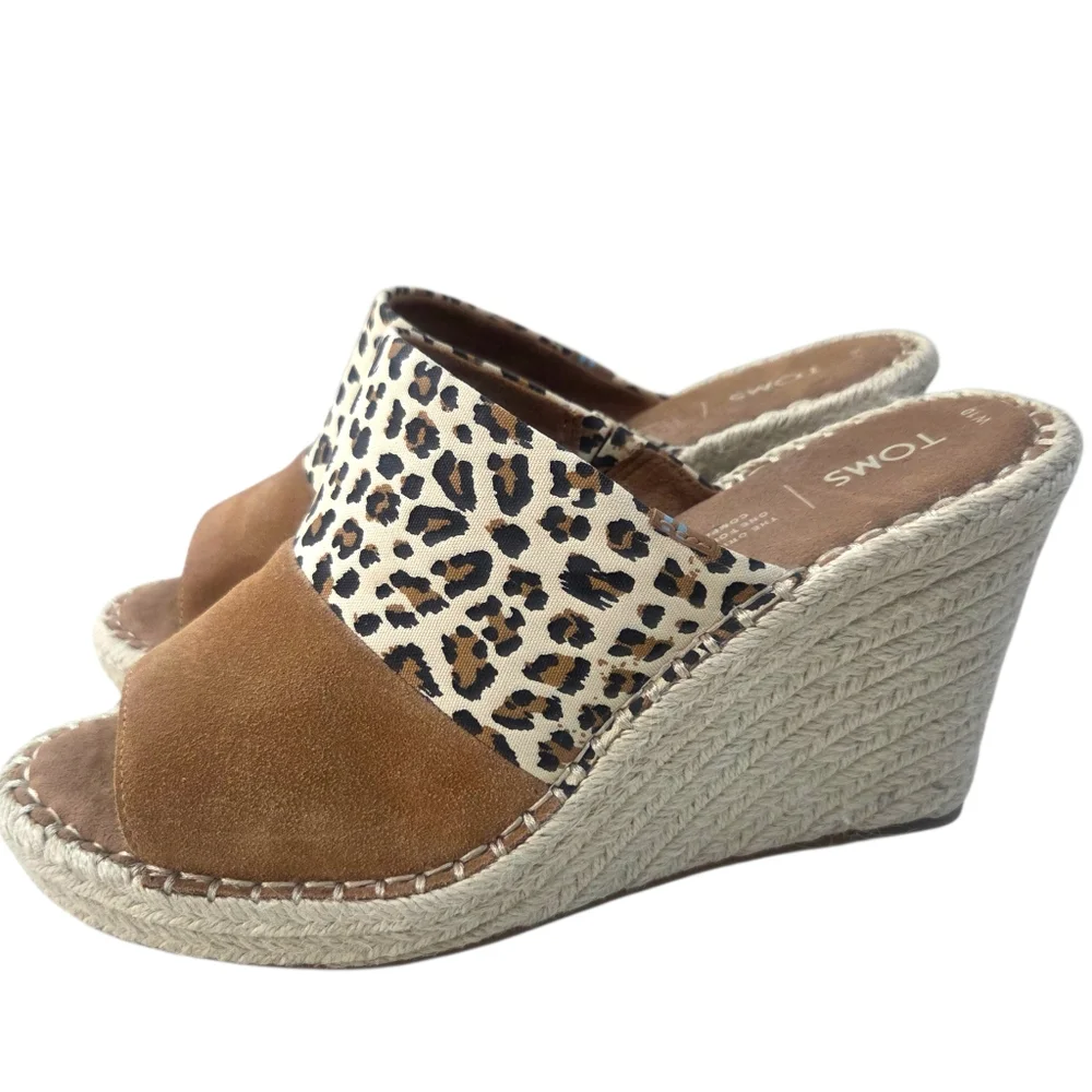 TOMS Monica Suede Espadrille Wedge Sandals NEW Leopard Print Womens 10 Brown